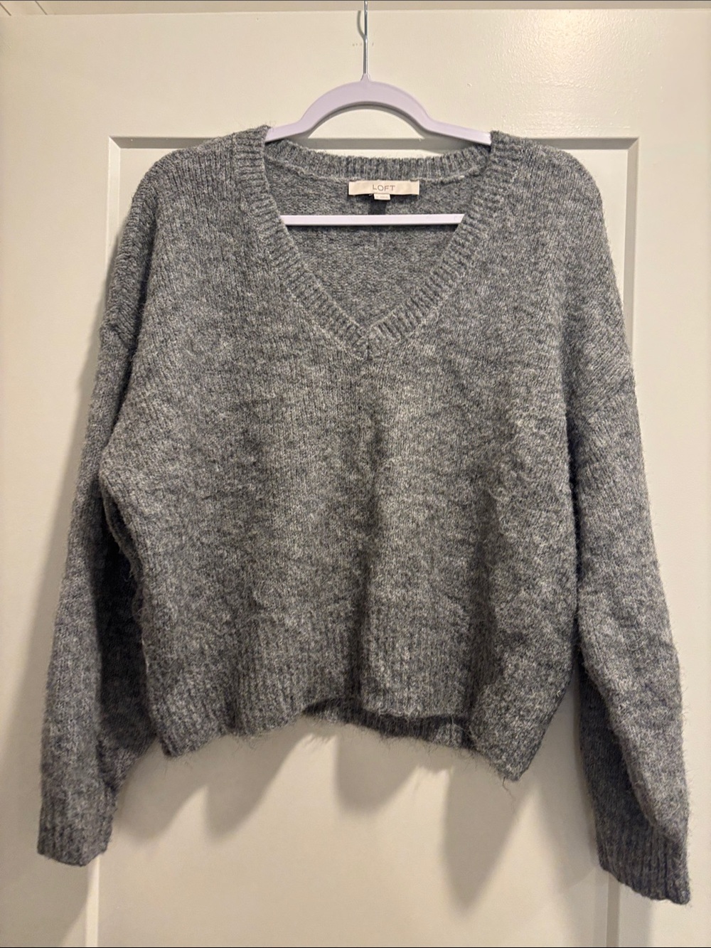 LOFT Gray V-Neck Cozy Pullover Sweater